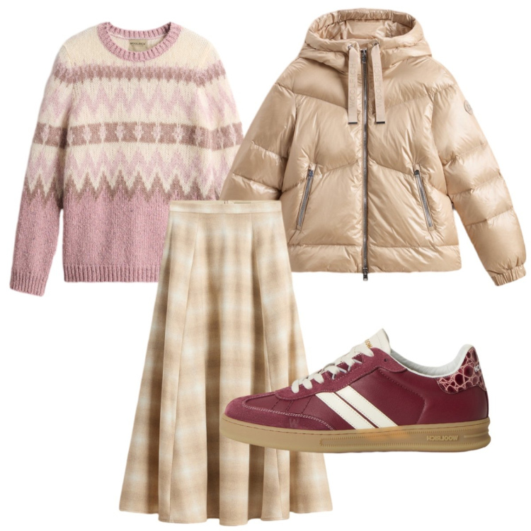 Outfit donna - Il maglione in fantasia norvegese. Stile Sporty chic per Tutti i giorni. Abbinamento con piumini, sneakers, gonne lunghe, maglieria.