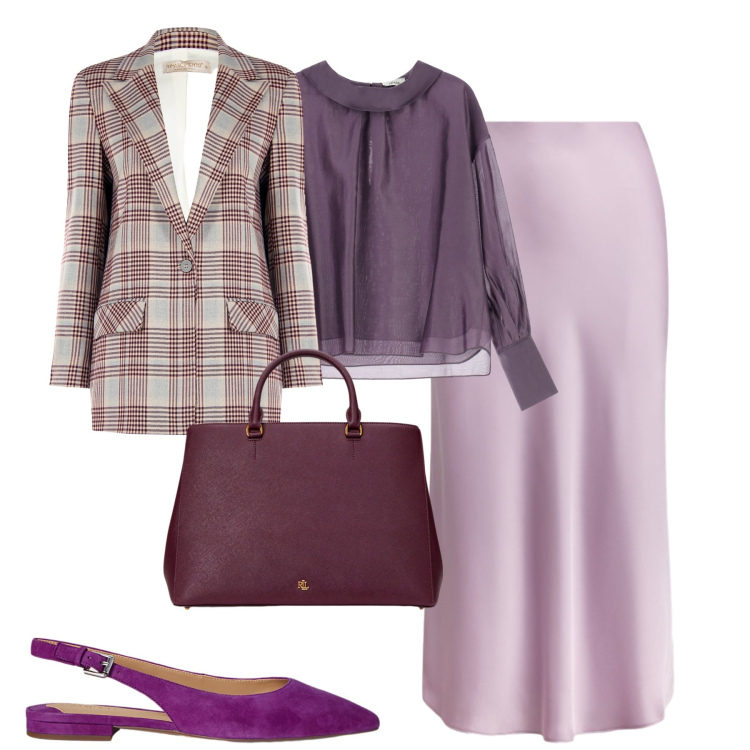 Outfit donna - Chic in viola chiaro. Stile Chic per Serata fuori. Abbinamento con blazer, camicie, borse a mano, gonne, ballerine.