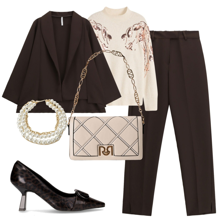 Outfit donna - Marrone e rosa. Stile Urban per Tutti i giorni. Abbinamento con maglieria, borse a tracolla, blazer, pantaloni, collane, décolleté.