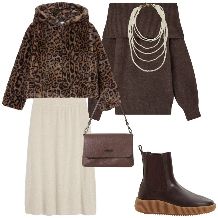 Outfit donna - Confy girl. Stile Urban per Tutti i giorni. Abbinamento con gonne longuette, stivaletti chelsea, maglieria, ecopellicce, collane, borse a tracolla.