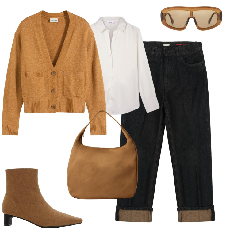 Outfit donna - City. Stile Casual chic per Tutti i giorni. Abbinamento con stivaletti, cardigans, camicie, borse a mano, occhiali da sole, jeans dritti.
