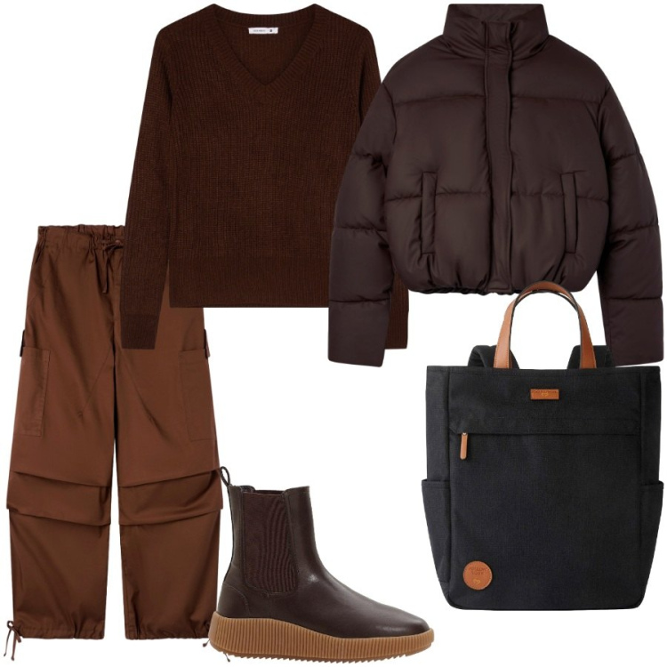 Outfit donna - Total look #2285261. Stile Casual per Tutti i giorni. Abbinamento con zaini, stivaletti chelsea, maglieria, pantaloni cargo, bomber.