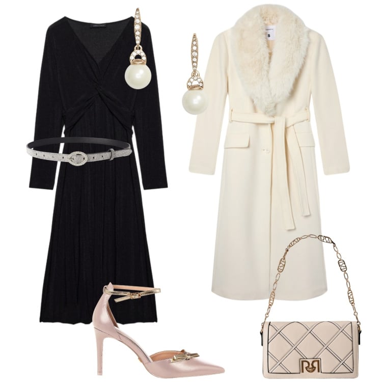 Outfit donna - Aria di festa. Stile Chic per Serata fuori. Abbinamento con décolleté, borse a tracolla, cappotti, cinture, orecchini, vestiti lunghi.