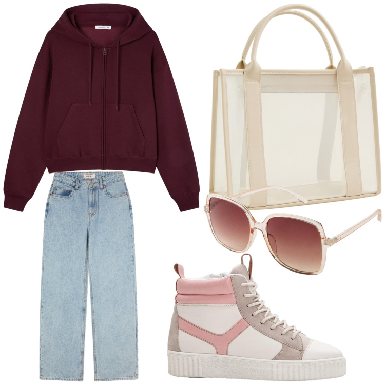 Outfit donna - Look comodo. Stile Casual per Sport. Abbinamento con occhiali da sole, sneakers alte, felpe con cappuccio, borse tote, jeans.