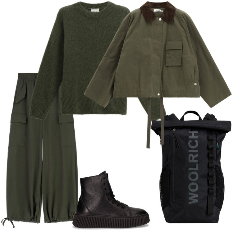 Outfit donna - Total green. Stile Casual per Tutti i giorni. Abbinamento con parka, pantaloni cargo, maglieria, zaini, anfibi.