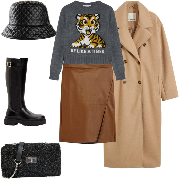 Outfit donna - Cappotto lovers. Stile Casual chic per Tutti i giorni. Abbinamento con cappelli con visiera, stivali, cappotti, gonne longuette, maglieria, borse a tracolla.