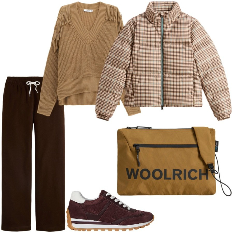 Outfit donna - Very cozy. Stile Sporty chic per Tutti i giorni. Abbinamento con maglieria, pantaloni sportivi, sneakers, piumini, borse a tracolla.