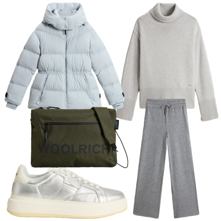 Outfit donna - A lezione. Stile Casual per Scuola/Università. Abbinamento con sneakers, borse a tracolla, maglieria, pantaloni, piumini.