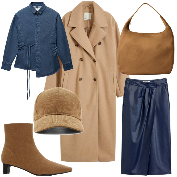 Outfit donna - Urban raffinato. Stile Basic per Tutti i giorni. Abbinamento con stivaletti, cappotti, gonne longuette, camicie, borse a mano, cappelli con visiera.