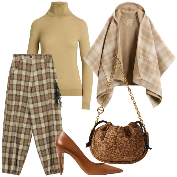 Outfit donna - Job & Free Time. Stile Etnico per Tutti i giorni. Abbinamento con pantaloni a palazzo, borse a spalla, décolleté, maglieria, cappe.