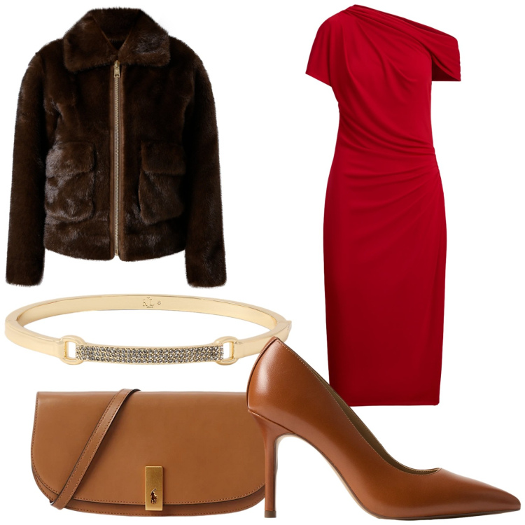 Outfit donna - Cerimonia invernale. Stile Glamour per Cerimonia. Abbinamento con ecopellicce, vestiti asimmetrici, décolleté, clutch, braccialetti.