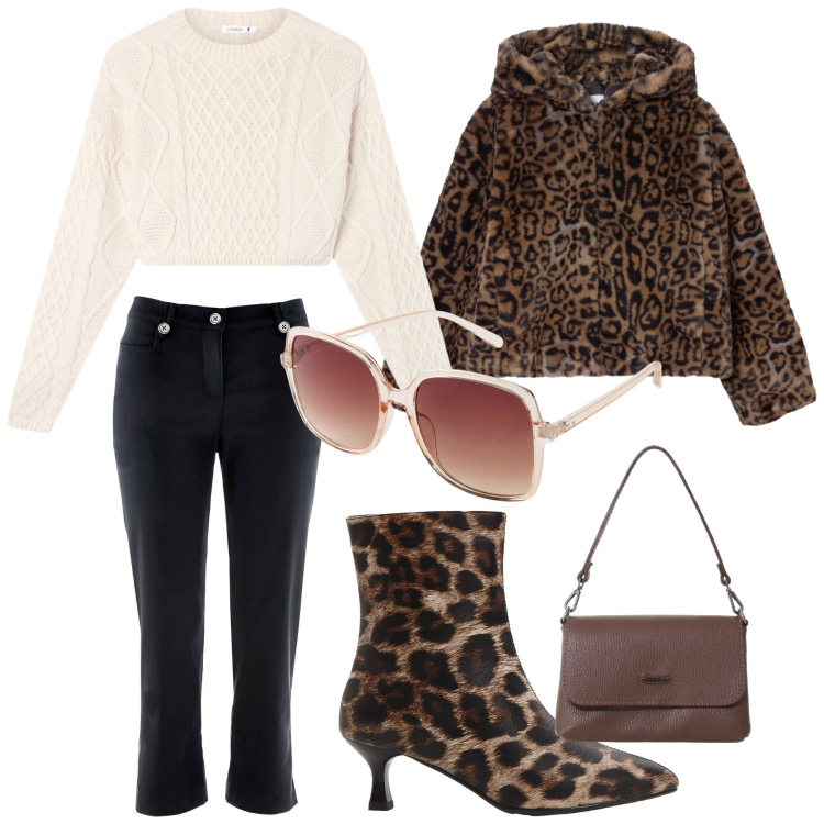 Outfit donna - Jungle city. Stile Urban Abbinamento con pantaloni capri, occhiali da sole, stivaletti, maglieria, ecopellicce, borse a tracolla.