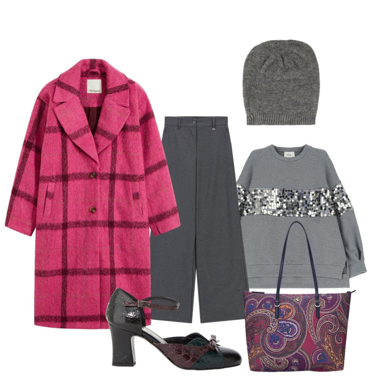 Outfit donna - Il morbido cappotto fucsia. Stile Casual chic per Tutti i giorni. Abbinamento con cappotti, felpe, pantaloni a palazzo, décolleté, berretti, borse tote.