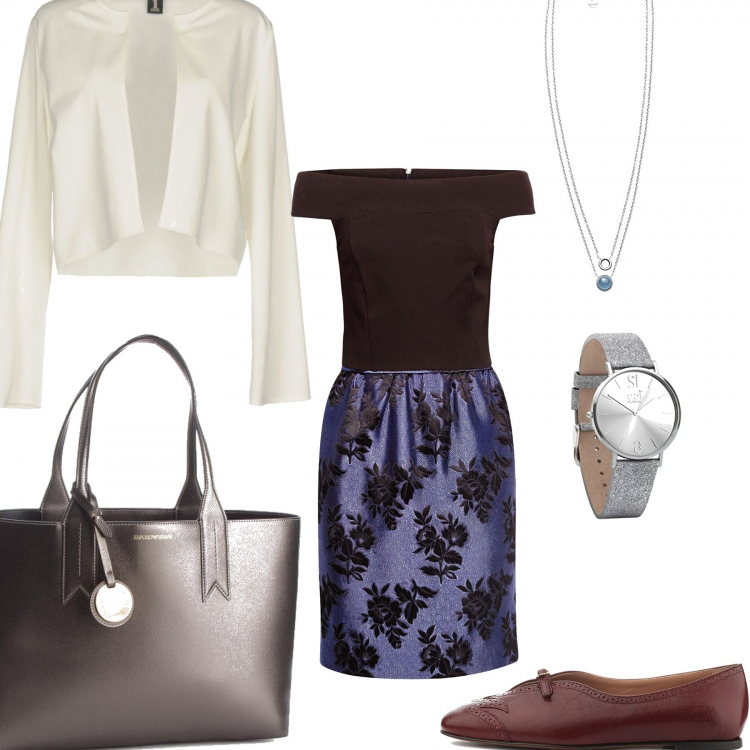 Outfit donna - Bon Ton #877. Stile Bon Ton per Ufficio. Abbinamento con giacca collo tondo a maniche lunghe interno sfoderato tinta unita, vestito nero, shopping bag in ecopelle, ballerine brogue con cinturino e fibbia bordeaux, orologio analogico con cinturino glitter, ciondoli.
