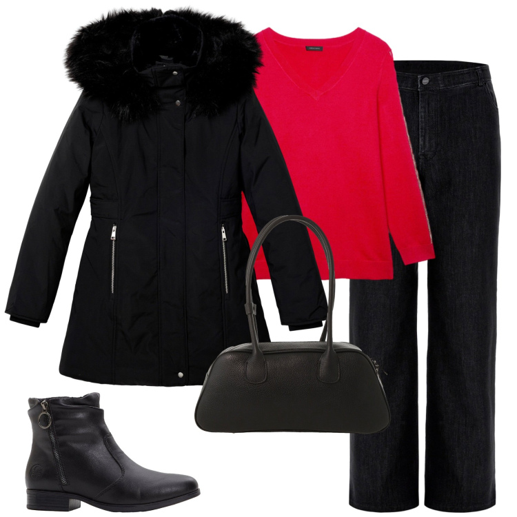 Outfit donna - City. Stile Casual chic per Tutti i giorni. Abbinamento con stivaletti, parka, jeans, borse a mano, maglieria.