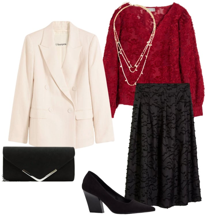 Outfit donna - Feste Anticipate. Stile Chic per Cerimonia. Abbinamento con décolleté, blazer, bluse, gonne longuette, collane, pochette.