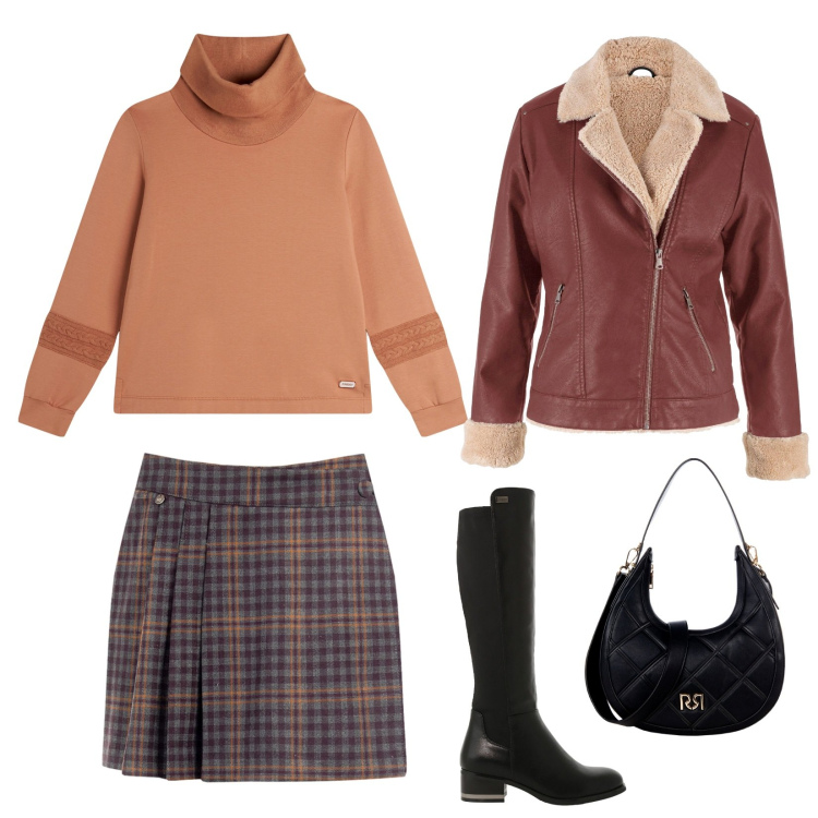 Outfit donna - Fredda giornata. Stile Casual chic per Scuola/Università. Abbinamento con bomber, borse a tracolla, minigonne, stivali sopra il ginocchio, felpe.