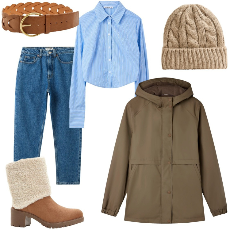 Outfit donna - Denim &Stivaletti. Stile Casual per Tutti i giorni. Abbinamento con stivaletti, blazer, jeans mom, berretti, cinture, camicie.