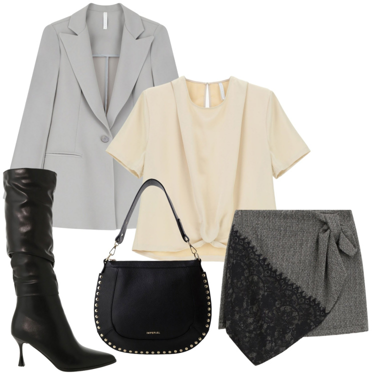 Outfit donna - Total look #2285318. Stile Casual chic per Serata fuori. Abbinamento con blazer, bluse, borse a spalla, stivali sopra il ginocchio, minigonne.