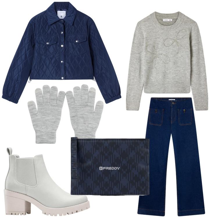 Outfit donna - Camminata al parco. Stile Basic per Tutti i giorni. Abbinamento con stivaletti chelsea, jeans, maglieria, giacche, guanti, clutch.