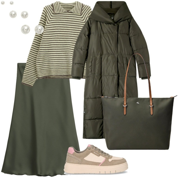 Outfit donna - La longuette verde oliva. Stile Casual chic per Ufficio. Abbinamento con maglieria, cappotti, gonne lunghe, borse tote, orecchini, sneakers.