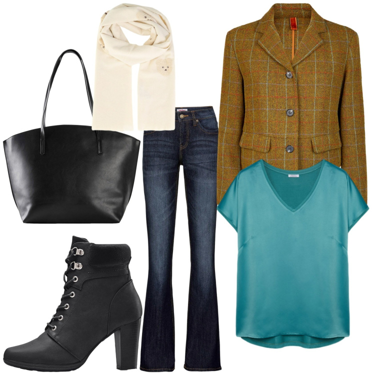 Outfit donna - Total look #2285324. Stile Casual chic per Tutti i giorni. Abbinamento con stivaletti, shopping bag, jeans bootcut, sciarpe, bluse, blazer.