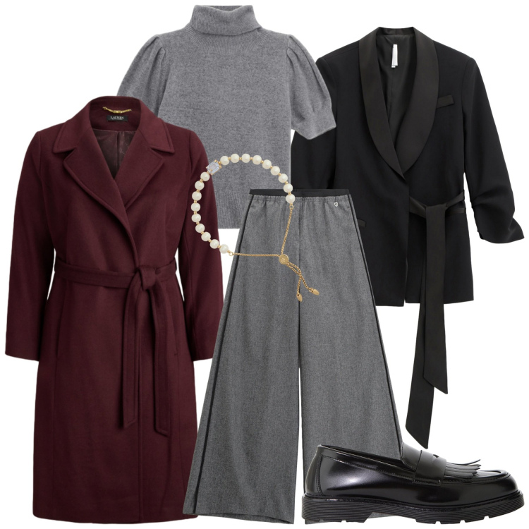 Outfit donna - Total look #2285325. Stile Mannish per Ufficio. Abbinamento con pantaloni, blazer, maglieria, mocassini, cappotti, braccialetti.