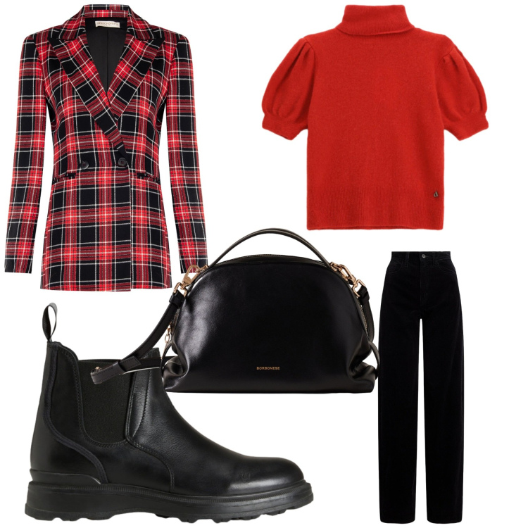 Outfit donna - Il blazer scozzese. Stile Chic per Ufficio. Abbinamento con blazer, borse a mano, maglieria, pantaloni, stivaletti.