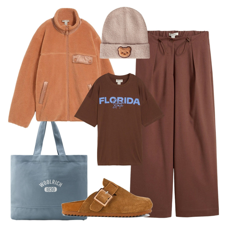 Outfit donna - Outfit confortevole!. Stile Casual per Scuola/Università. Abbinamento con pantaloni, blazer, t-shirt, berretti, borse tote, sabot.