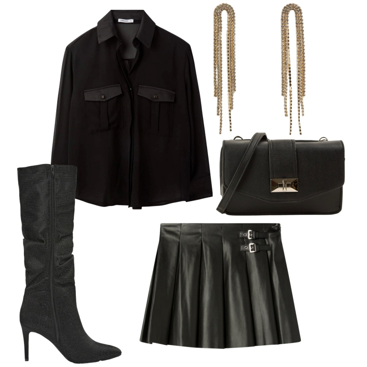 Outfit donna - Terranova - Black Friday 2025. Stile Rock per Serata fuori. Abbinamento con orecchini, camicie, borse a tracolla, minigonne, stivali.