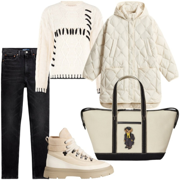 Outfit donna - Crema e nero. Stile Casual per Scuola/Università. Abbinamento con maglieria, jeans slim fit, borse tote, blazer, anfibi.