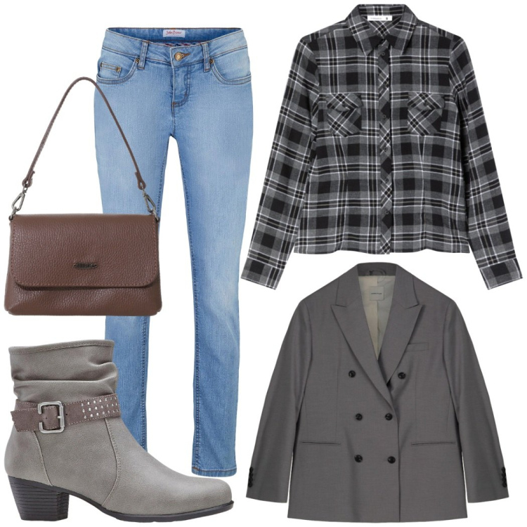 Outfit donna - Total look #2285332. Stile Casual per Tutti i giorni. Abbinamento con stivaletti, jeans skinny, camicie, borse a tracolla, blazer.