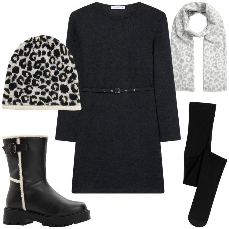 Outfit donna - Total look #2285333. Stile Casual chic per Tutti i giorni. Abbinamento con berretti, stivali, collant, vestiti midi/longuette, sciarpe.