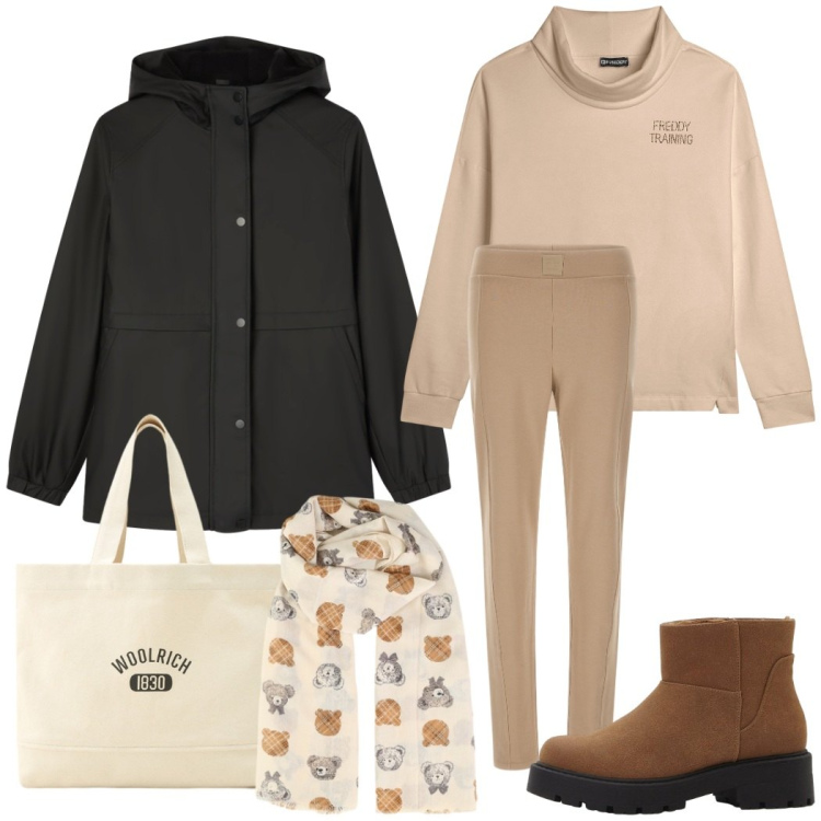 Outfit donna - Sporty chic. Stile Sporty chic per Tutti i giorni. Abbinamento con stivaletti, blazer, foulard, pantaloni, felpe, borse tote.