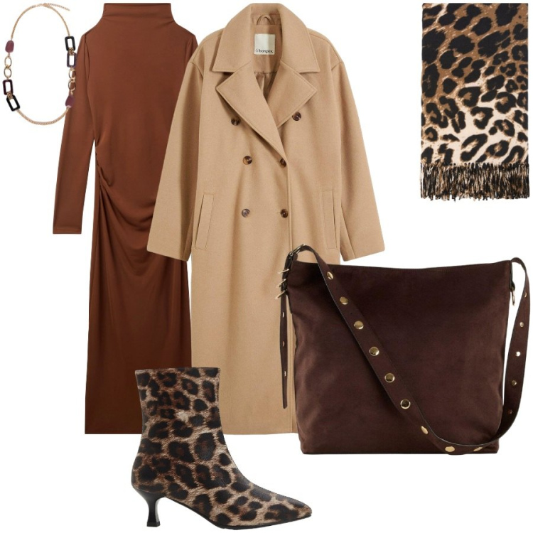 Outfit donna - Accessori coordinati. Stile Chic per Serata fuori. Abbinamento con cappotti, shopping bag, stivaletti, vestiti lunghi, sciarpe, collane.