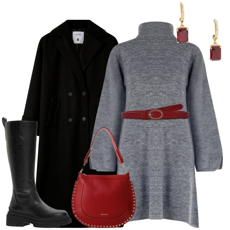 Outfit donna - City. Stile Casual chic per Tutti i giorni. Abbinamento con stivali, vestiti corti, cinture, cappotti, borse a spalla, orecchini.