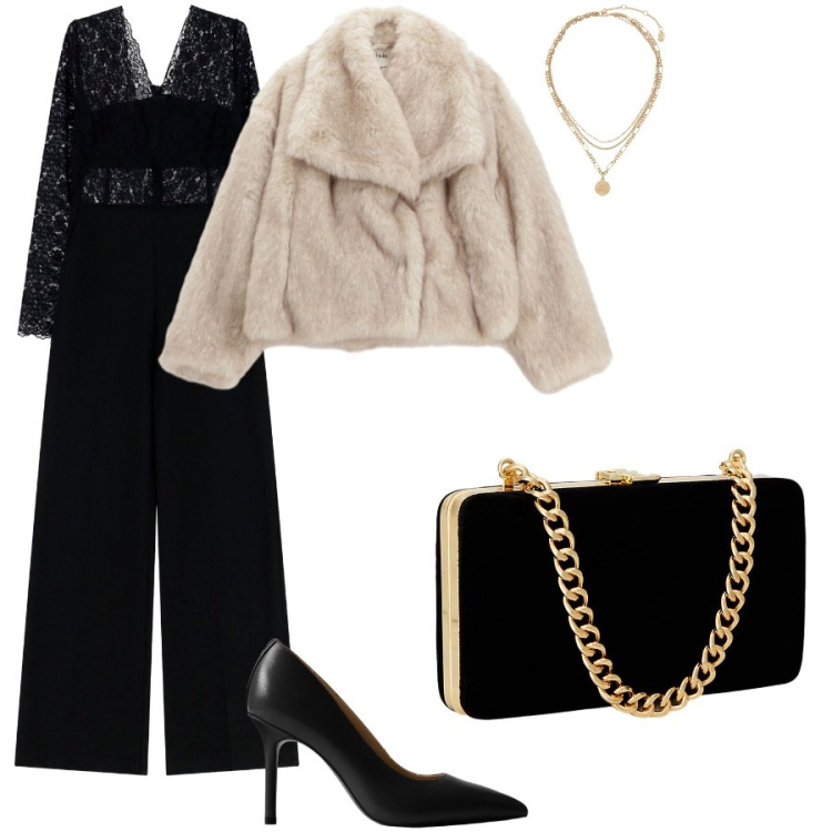 Outfit donna - La tuta in pizzo. Stile Chic per Serata fuori. Abbinamento con tute, blazer, clutch, décolleté, ciondoli.