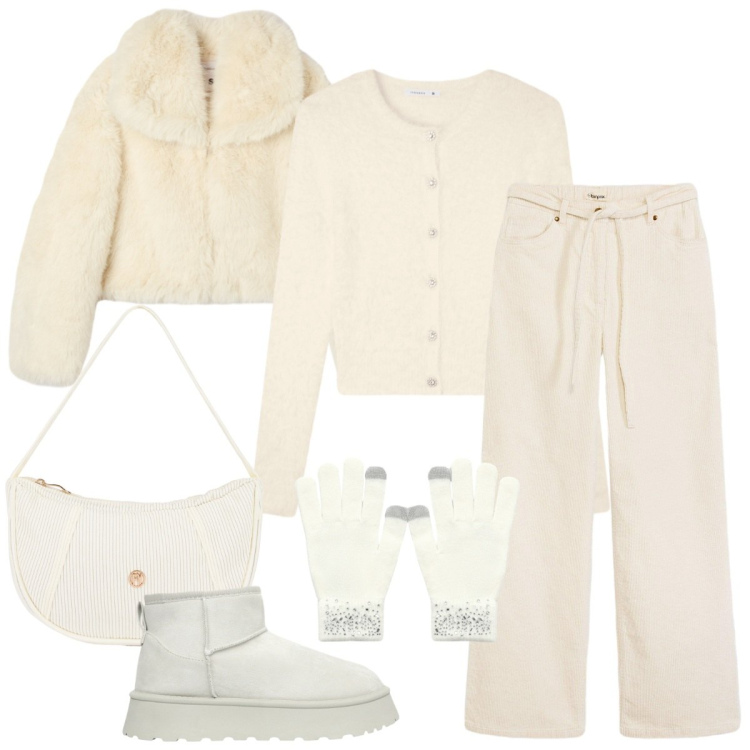 Outfit donna - Cozy & Chic. Stile Casual chic per Tutti i giorni. Abbinamento con pantaloni, cardigans, guanti, ecopellicce, stivaletti, borse a mano.