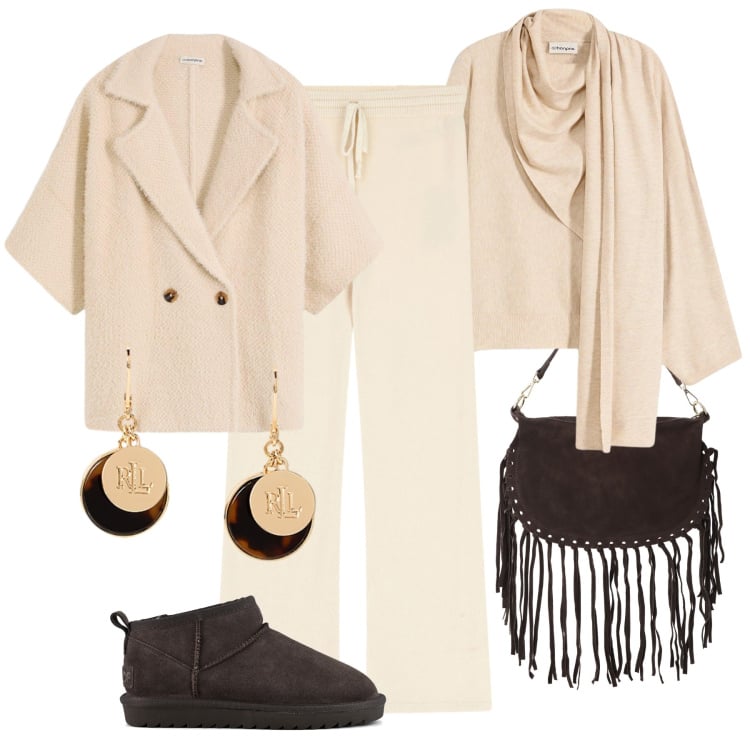 Outfit donna - City time cozy chic. Stile Casual chic per Tutti i giorni. Abbinamento con cardigans, maglieria, pantaloni a palazzo, borse a tracolla, orecchini, stivali.