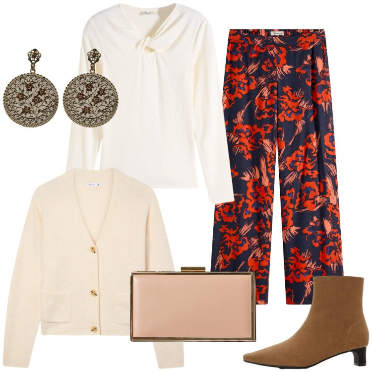 Outfit donna - Serata informale. Stile Casual chic per Serata fuori. Abbinamento con stivaletti, bluse, pantaloni a palazzo, pochette, cardigans, orecchini.