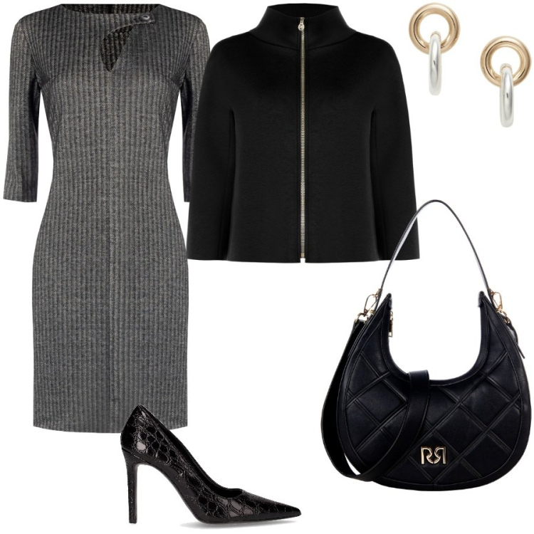 Outfit donna - A cena in centro città. Stile Chic per Serata fuori. Abbinamento con vestiti midi/longuette, borse a tracolla, cappe, orecchini, décolleté.