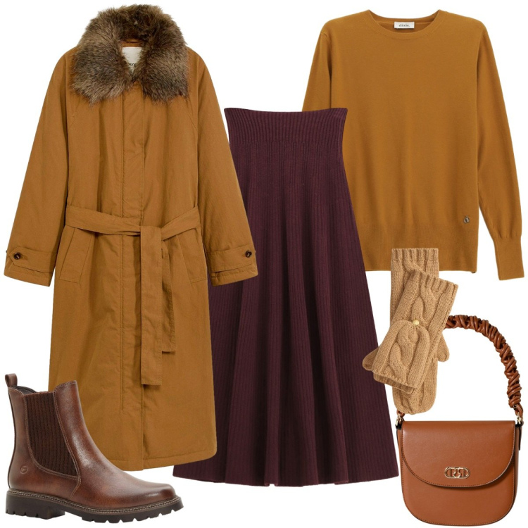 Outfit donna - Look color caramello. Stile Casual chic per Tutti i giorni. Abbinamento con trench, stivaletti chelsea, borse a mano, gonne lunghe, maglieria, guanti.