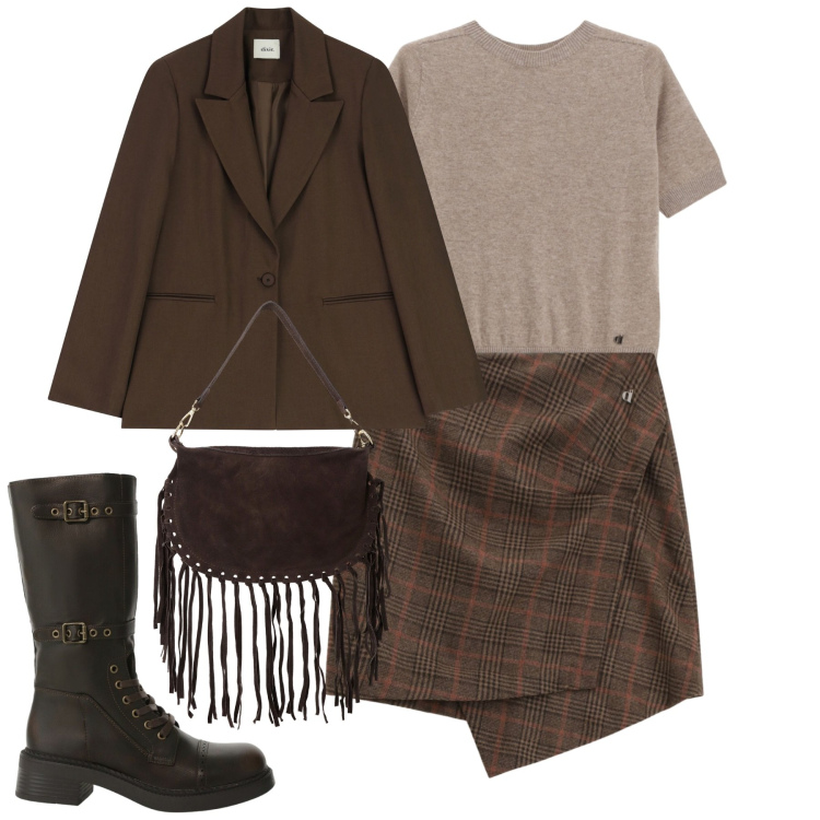 Outfit donna - City. Stile Trendy per Tutti i giorni. Abbinamento con stivali, minigonne, borse a tracolla, blazer, maglieria.