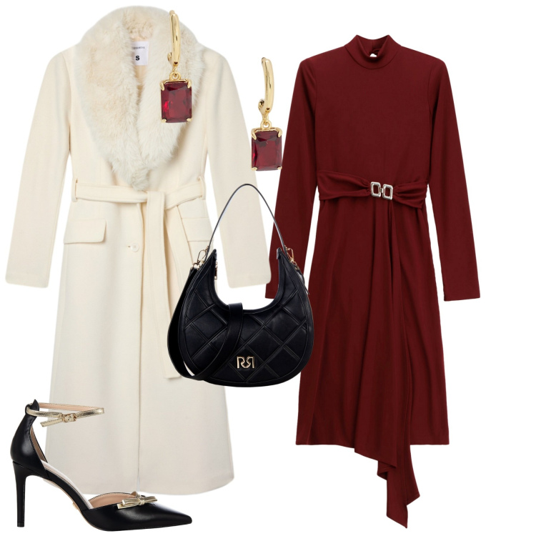 Outfit donna - Holiday. Stile Chic per Serata fuori. Abbinamento con borse a tracolla, décolleté, cappotti, vestiti midi/longuette, orecchini.