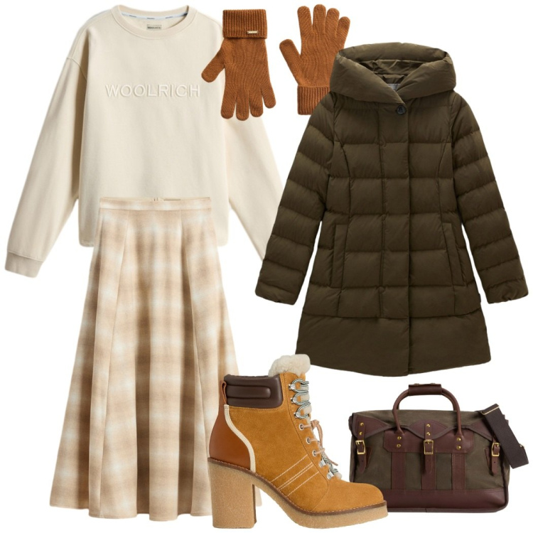 Outfit donna - Eleganza senza tempo. Stile Casual chic per Tutti i giorni. Abbinamento con gonne lunghe, felpe, guanti, stivaletti, borse a tracolla, parka.