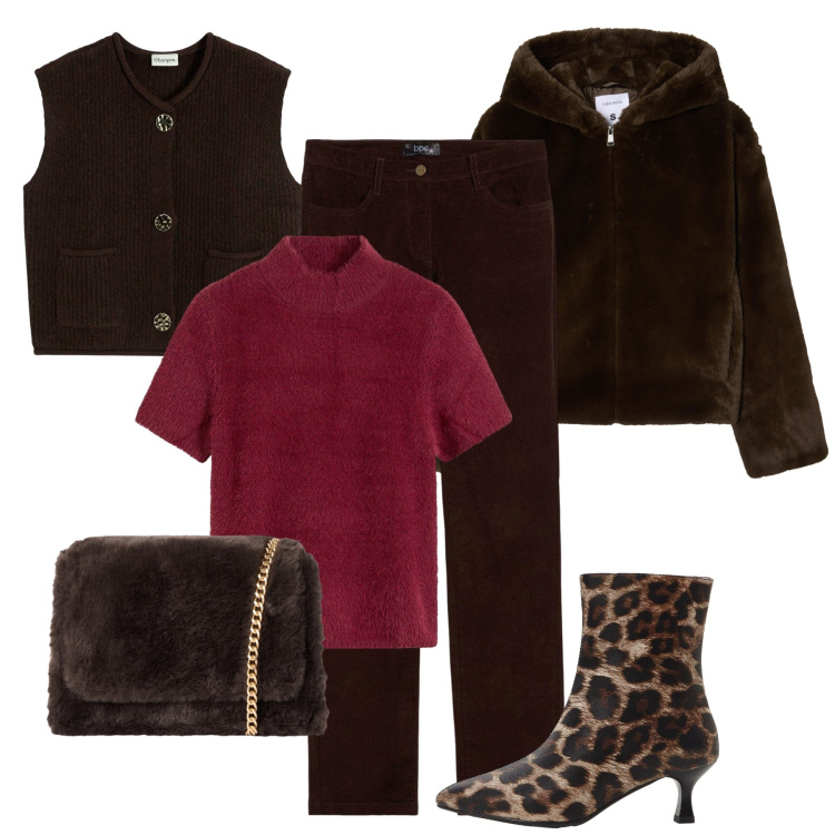 Outfit donna - Ufficio cozy chic. Stile Casual chic per Ufficio. Abbinamento con pantaloni, maglieria, stivaletti, maglieria, borse a tracolla, ecopellicce.