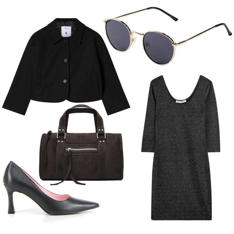 Outfit donna - "Eleganza Urbana in Nero - Look Autunnal. Stile Casual chic per Tutti i giorni. Abbinamento con occhiali da sole, vestiti lunghi, blazer, borse a mano, décolleté.