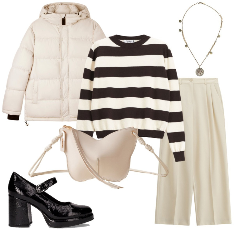 Outfit donna - Il maglione a righe. Stile Bon Ton per Ufficio. Abbinamento con pullovers, bomber, pantaloni a palazzo, borse a tracolla, ciondoli, décolleté.