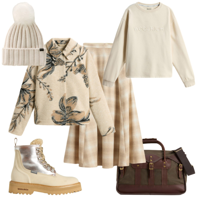 Outfit donna - Woolrich. Stile Glamour per Tutti i giorni. Abbinamento con anfibi, borse a tracolla, gonne lunghe, berretti, cappotti, felpe.