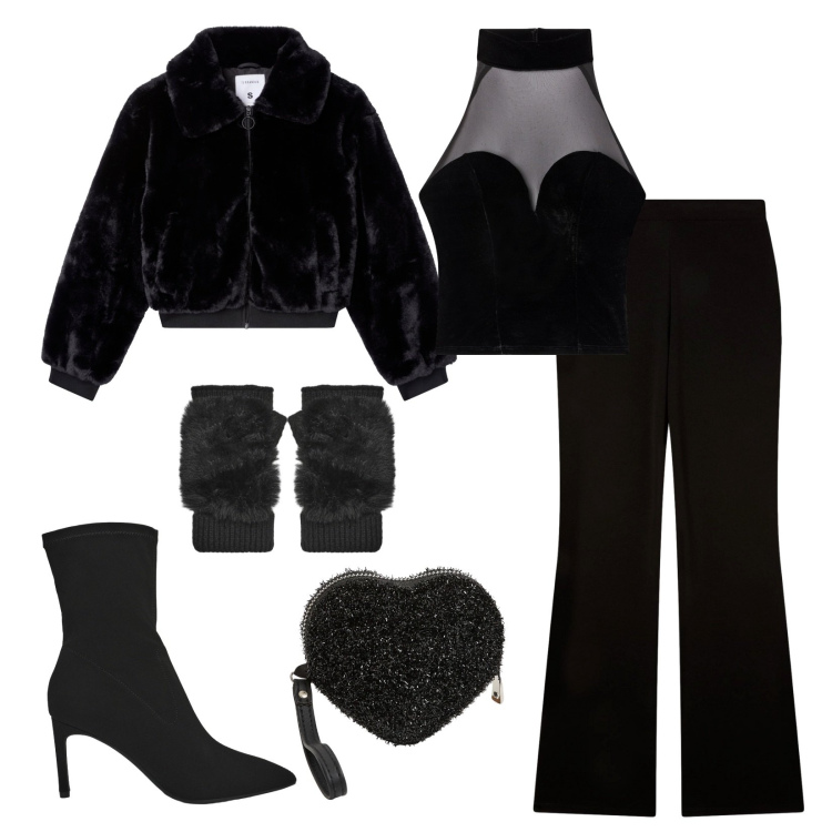 Outfit donna - Terranova black Friday!. Stile Glamour per Serata fuori. Abbinamento con pantaloni, top, ecopellicce, stivali, portafogli, guanti.